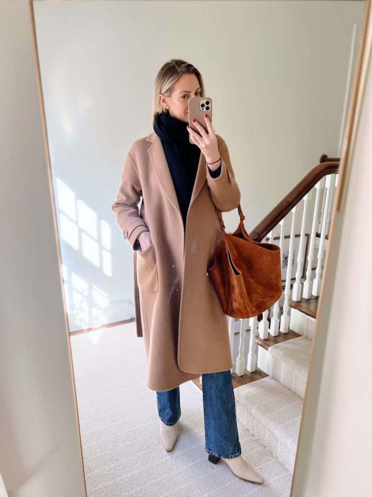 Classic Camel Coat with Blue Jeans and Suede Bag — Winter Capsule Wardrobe