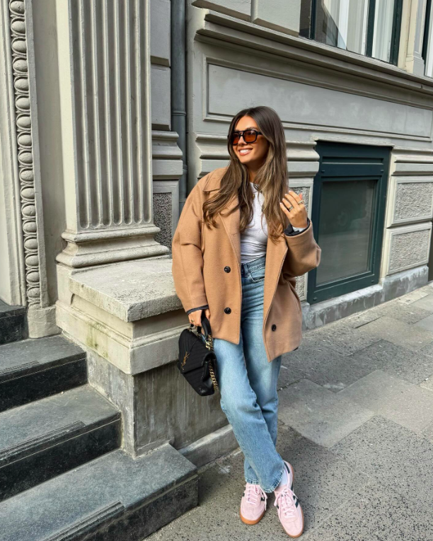 Light Blue Jeans with Camel Double-Breasted Jacket — Early Winter Outfits
