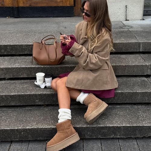 Smart Casual Uggs with Mini Dress and Blazer — Ugg Boots Outfits