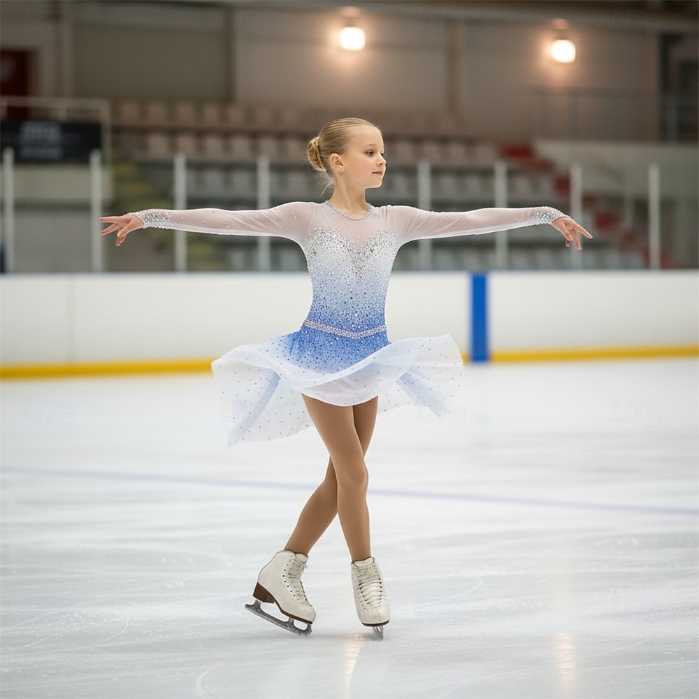 Blue and White Ombre Skating Dress with Glitter Bodice and Tulle Skirt — Ice Skating Outfits