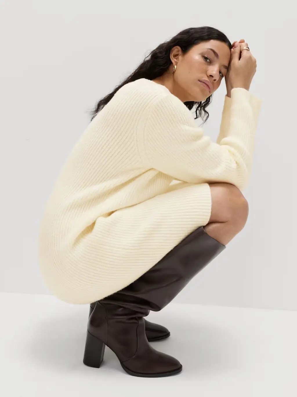 Cream Ribbed Knit Mini Dress with Dark Brown Boots — Winter Dress Outfits