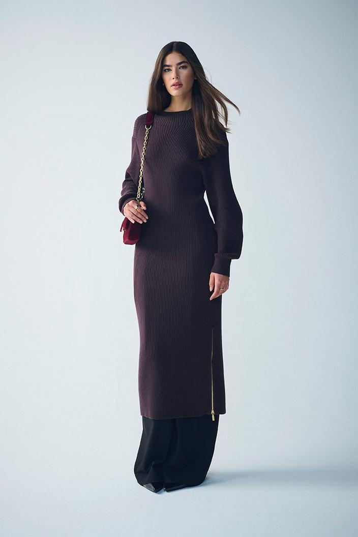 Deep Plum Ribbed Knit Maxi Dress with Balloon Sleeves Deep Plum Ribbed Knit Maxi Dress with Balloon Sleeves — Winter Formal Dresses