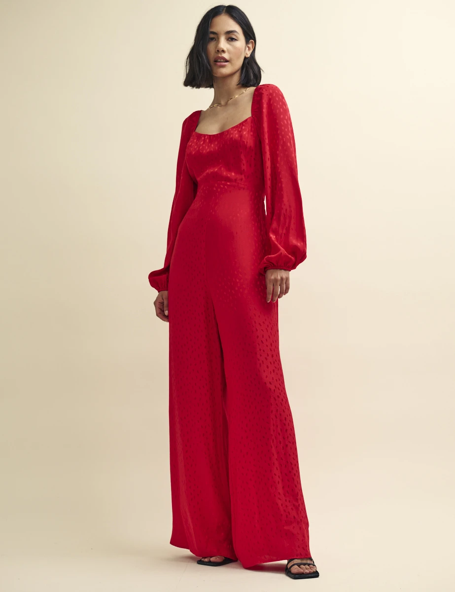 Vibrant Red Long-Sleeved Jumpsuit Vibrant Red Long-Sleeved Jumpsuit — Winter Wedding Guest Outfits