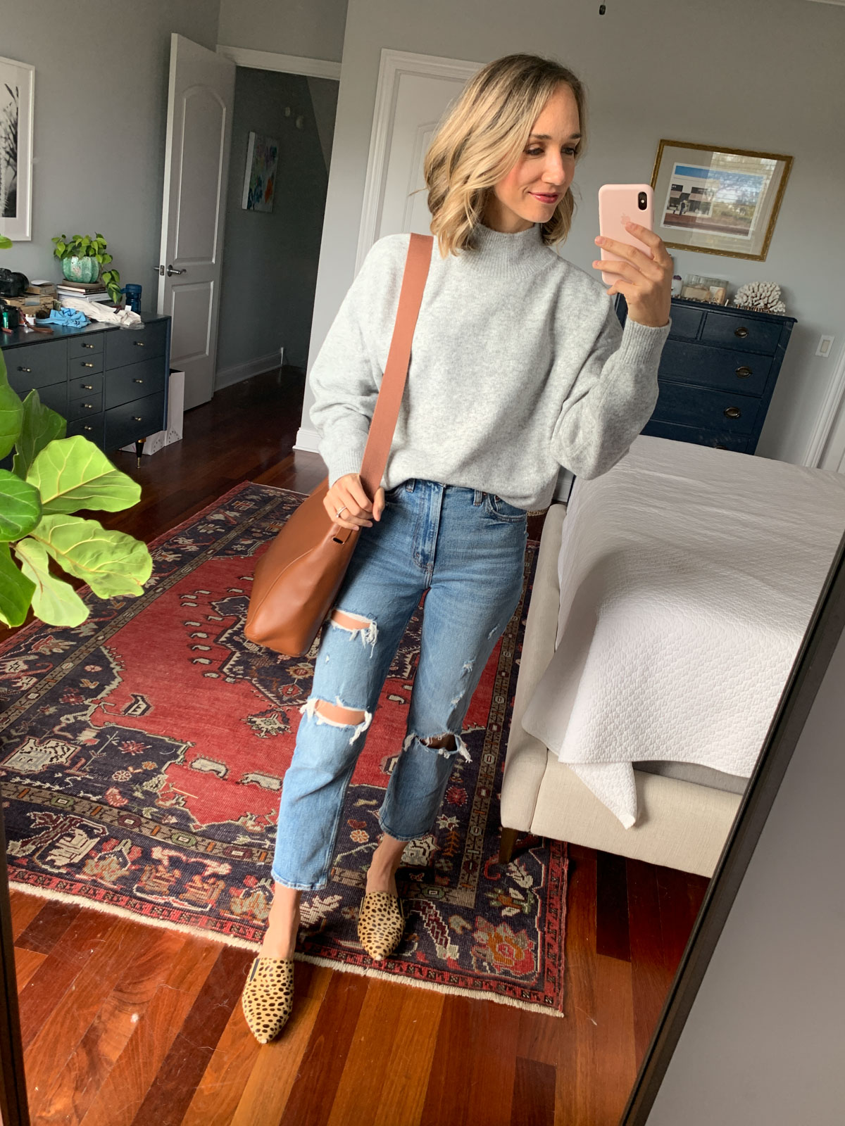 Light Grey Mock Neck Sweater with Leopard Mules — Oversized Sweater Outfits