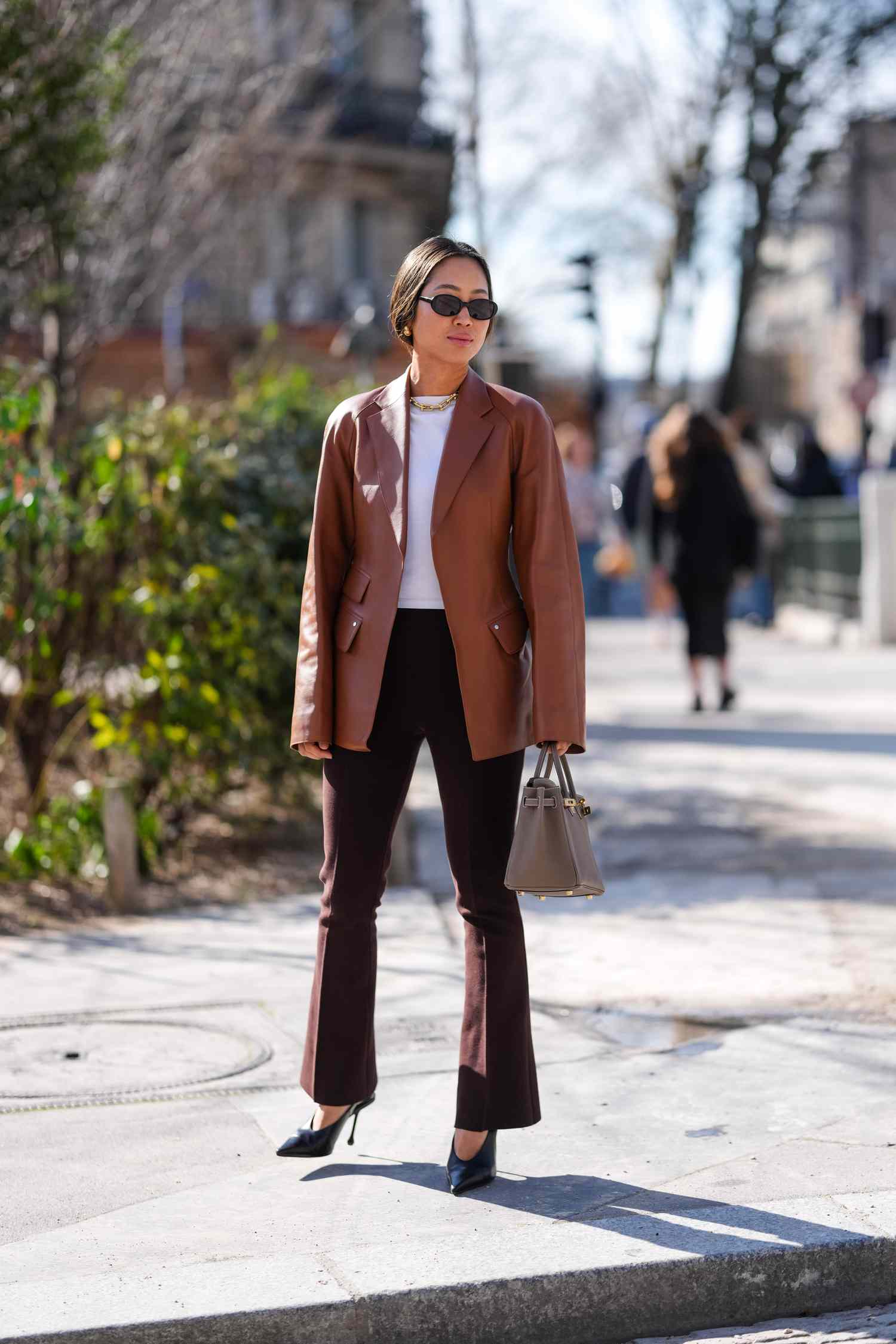 Chic Ensemble: Brown Flare Leggings with Leather Blazer Chic Ensemble: Brown Flare Leggings with Leather Blazer — Flare Leggings Outfits