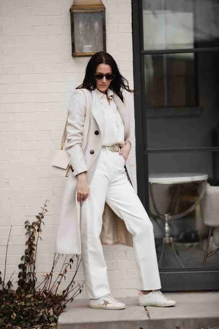 White Sneakers With Gold Star Detail Outfit Idea — Winter White Outfits
