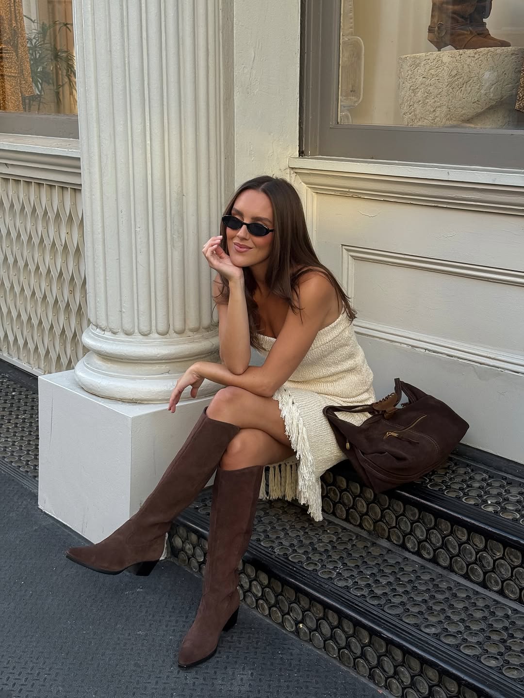 Brown Suede Knee-High Boots with Fringed Mini Dress Brown Suede Knee-High Boots with Fringed Mini Dress — Suede Boots Outfits