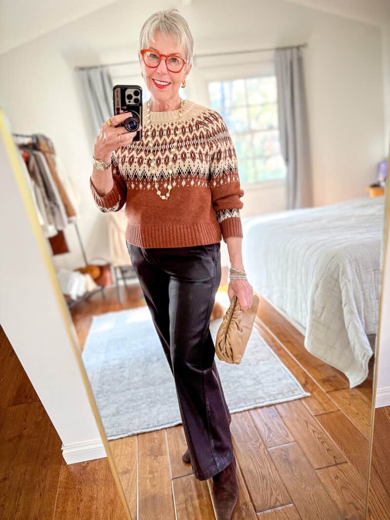Smart Casual Fair Isle with Faux Leather Trousers Smart Casual Fair Isle with Faux Leather Trousers — Fair Isle Sweater Outfits