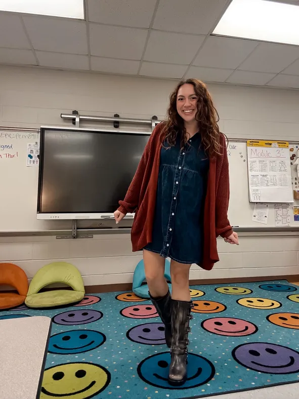Denim Dress with Chunky Knit Cardigan for Winter Comfort — Winter Teacher Outfits
