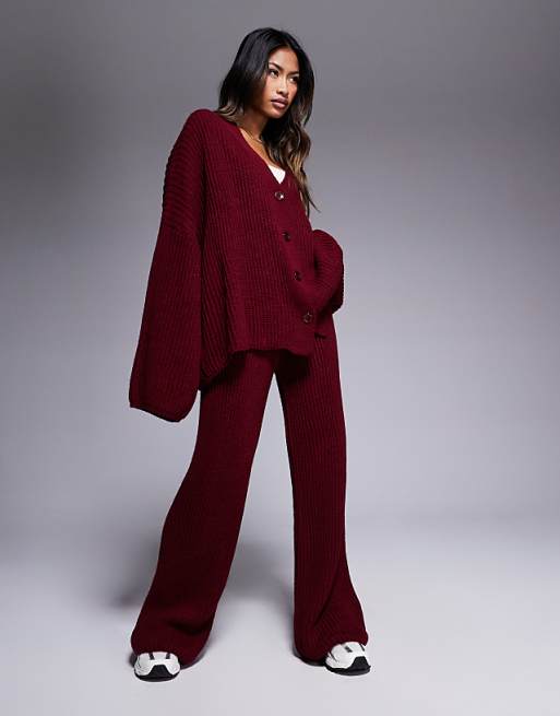 Chunky Knit Burgundy Cardigan and Trousers Set — Burgundy Outfits
