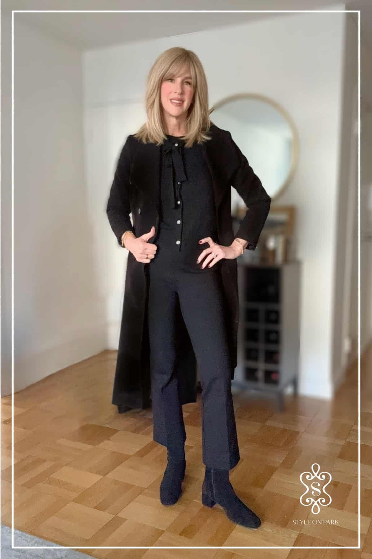 Bow-Neck Blouse Under a Jumpsuit for Smart Casual Refinement — All Black Winter Outfits