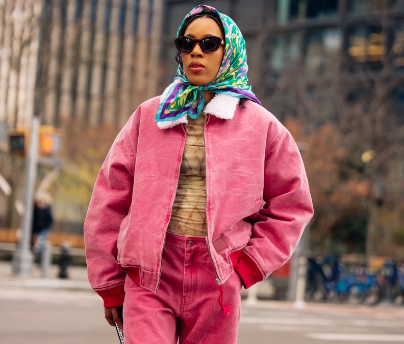 Pink Denim Jacket and Matching Pants with Patterned Scarf — Casual Winter Outfits