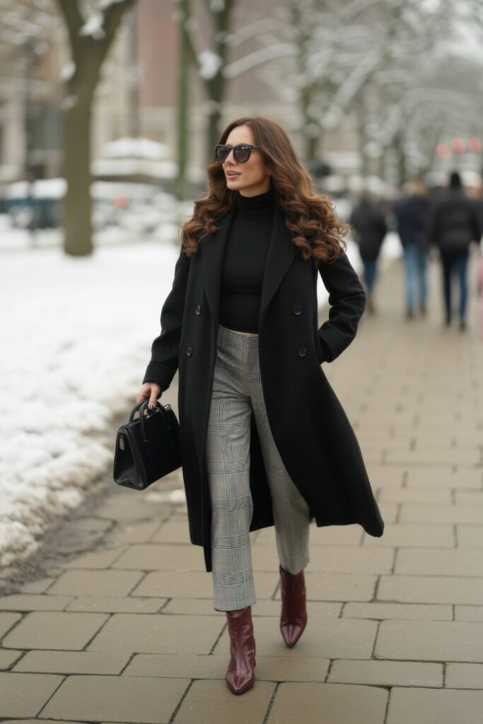 Black Wool Coat Over Turtleneck with Plaid Trousers Black Wool Coat Over Turtleneck with Plaid Trousers — Preppy Winter Outfits