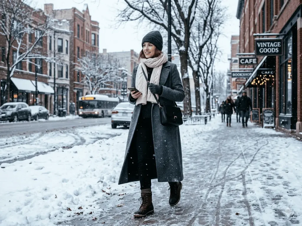 Practical Polish: Grey Wool Coat with Textured Scarf — Chicago Winter Outfits