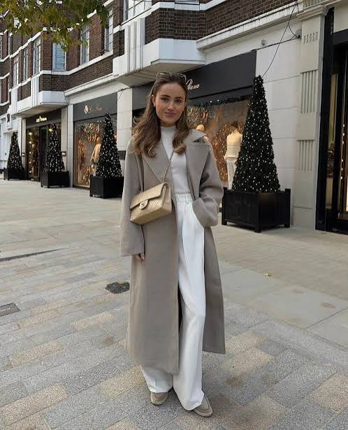 Long Grey Coat Over Cream Turtleneck and White Wide-Leg Pants — Winter Date Night Outfits
