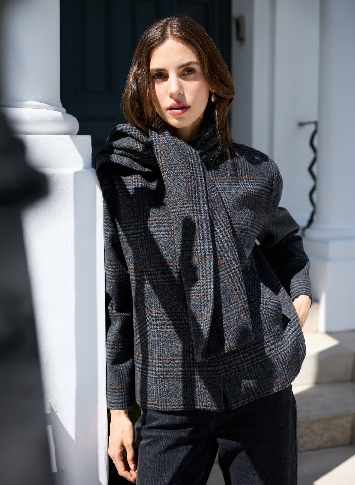 Classic Grey Plaid Jacket with Matching Scarf for Autumn/Winter — Winter Jackets for Women