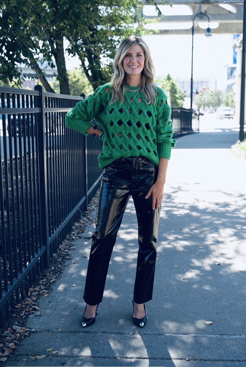 Bold Fashion: Patent Leather Pants with Green Knit Sweater Bold Fashion: Patent Leather Pants with Green Knit Sweater — Leather Pants Outfits