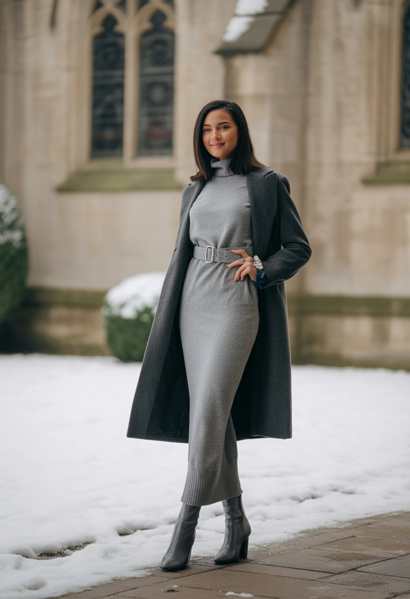 Monochromatic Grey Knit Maxi Dress and Coat for a Sleek Winter Look Monochromatic Grey Knit Maxi Dress and Coat for a Sleek Winter Look — Winter Church Outfits