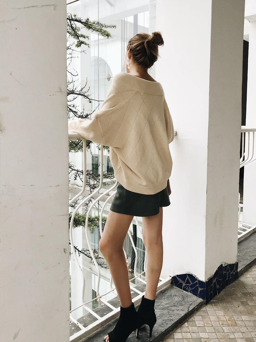 Beige Off-the-Shoulder Sweater with Olive Mini Skirt — Oversized Sweater Outfits