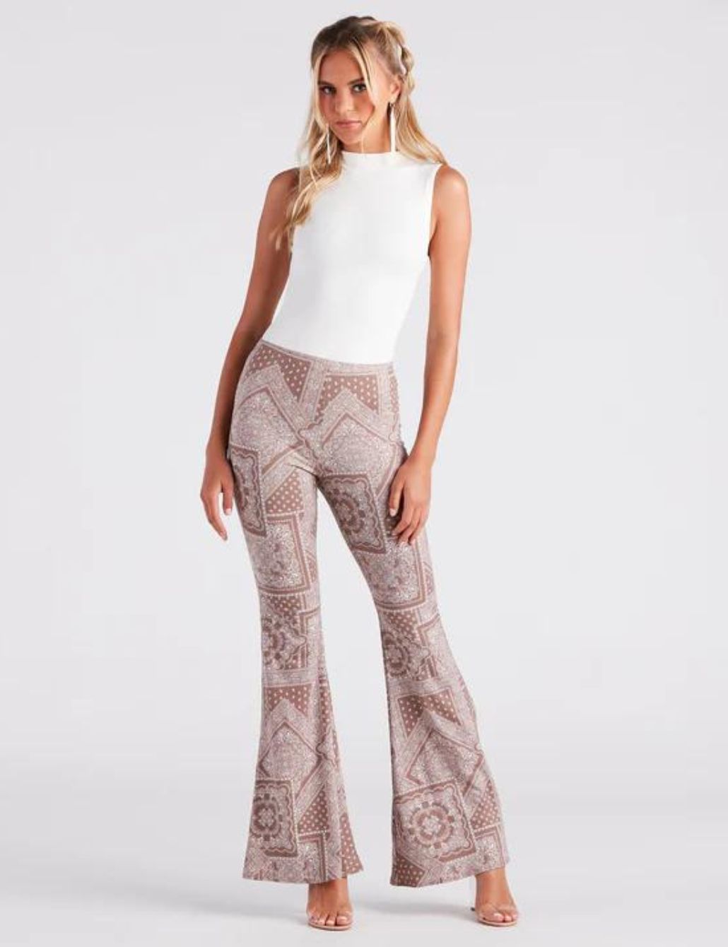 Pattern Play: Beige and Brown Flare Pants with Mock Neck Top Pattern Play: Beige and Brown Flare Pants with Mock Neck Top — Flare Leggings Outfits