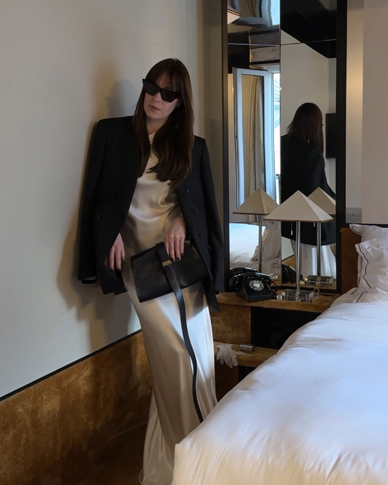 Cream Satin Slip Dress with Oversized Black Blazer — Winter Date Night Outfits