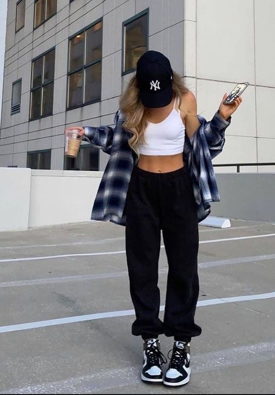 Black Sweatpants with Plaid Shirt Layering — Sweatpants Outfits