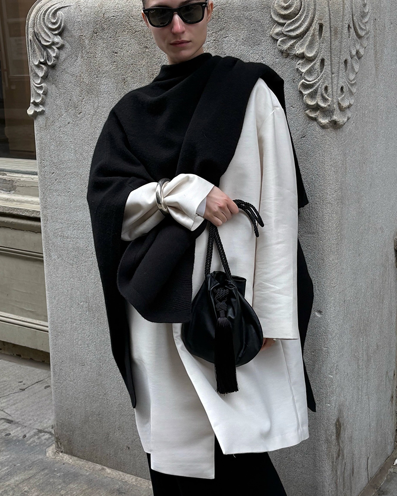 Voluminous Black Wrap as a Dramatic Statement Piece — Scarf Outfits