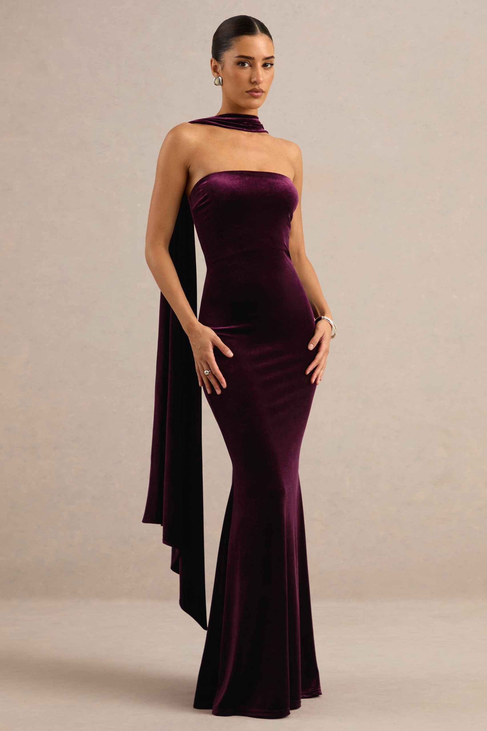 Deep Purple Strapless Gown with Draped Scarf Deep Purple Strapless Gown with Draped Scarf — Winter Wedding Guest Outfits