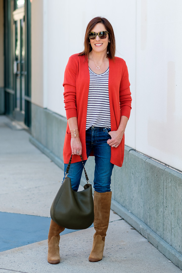 Bright Orange Knit Cardigan with Striped Tee and Slim Jeans Bright Orange Knit Cardigan with Striped Tee and Slim Jeans — Cardigan Outfits