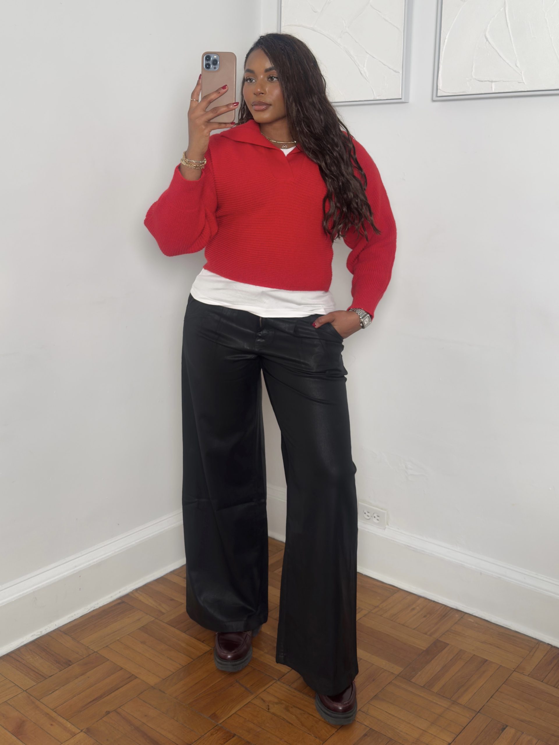 Bright Red Sweater Over White Tee with Satin Trousers — Casual Winter Outfits