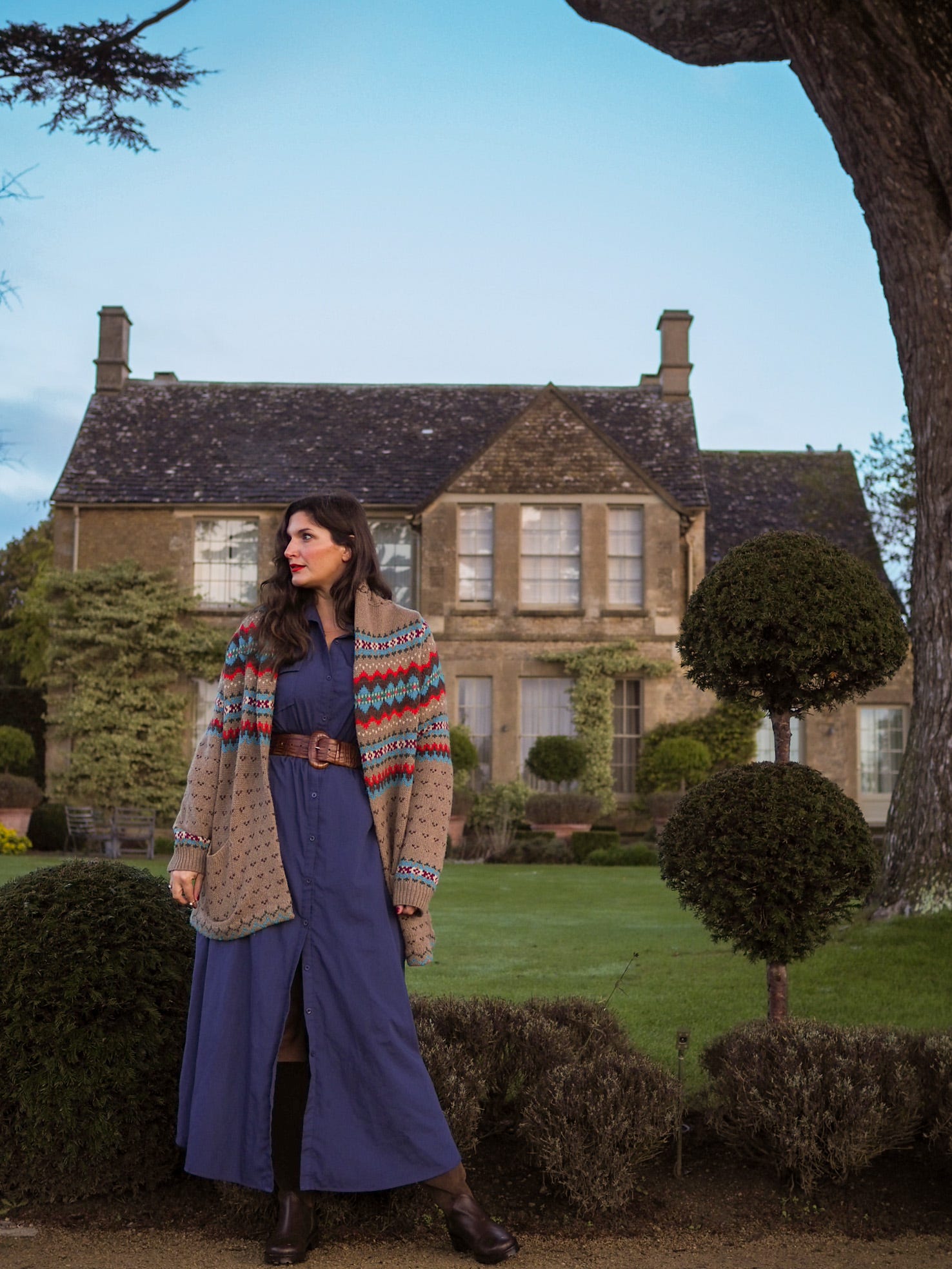 Blue Shirt Dress Layered with a Geometric Knit Cardigan — Colorful Winter Outfits