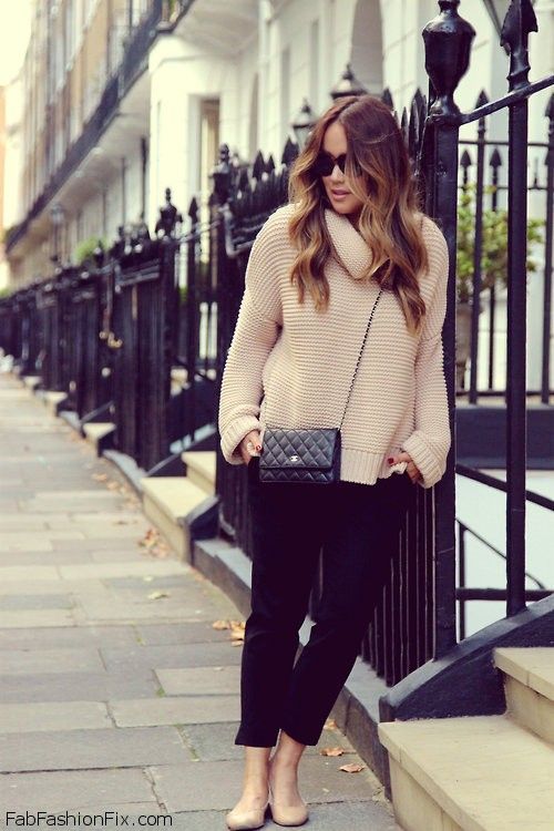 Beige Chunky Turtleneck with Black Trousers and Flats — Oversized Sweater Outfits