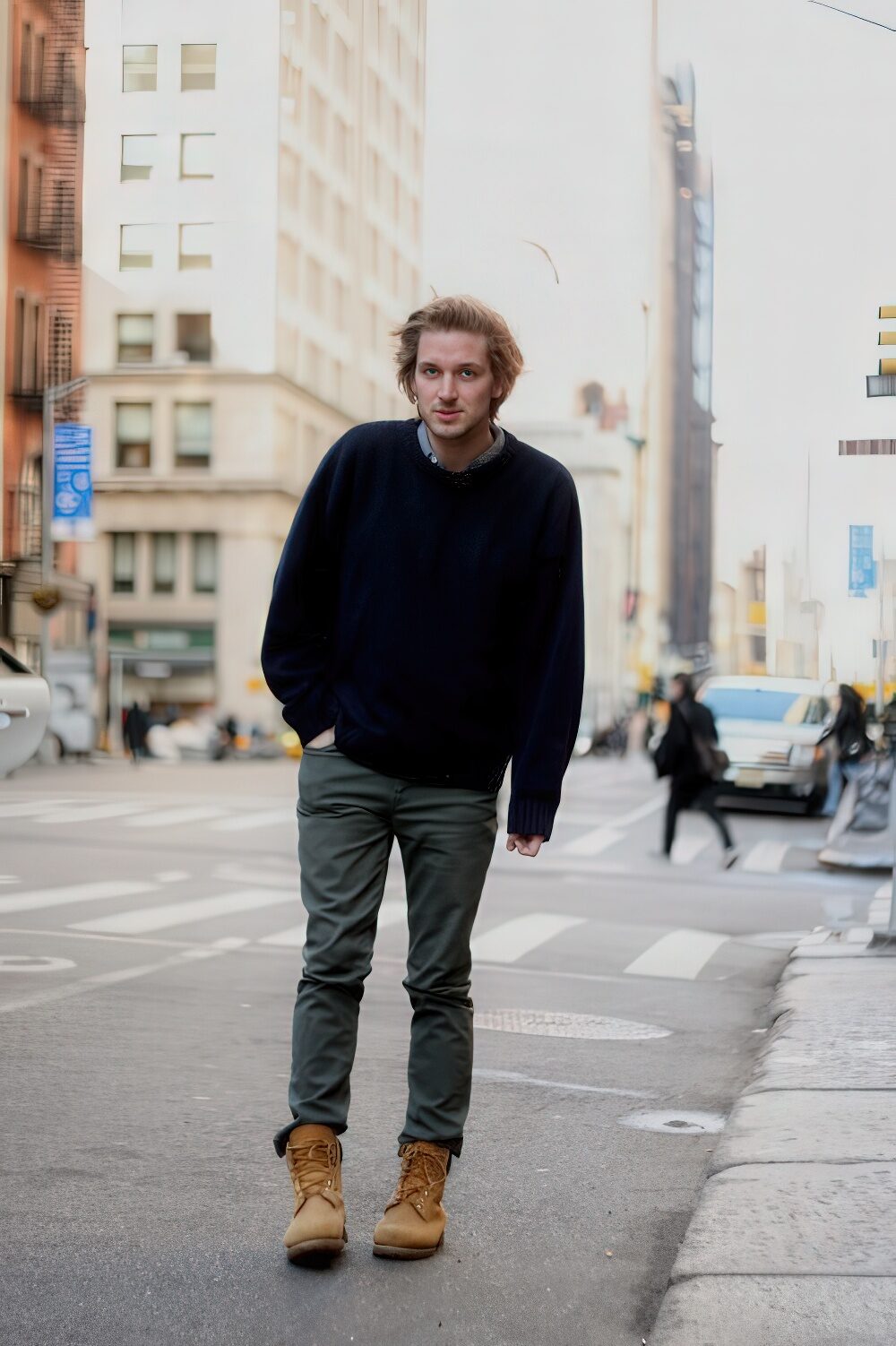 Urban Casual: Slim-Fit Pants with Crewneck Sweater and Timberland Boots Urban Casual: Slim-Fit Pants with Crewneck Sweater and Timberland Boots — Timberland Boots Outfits