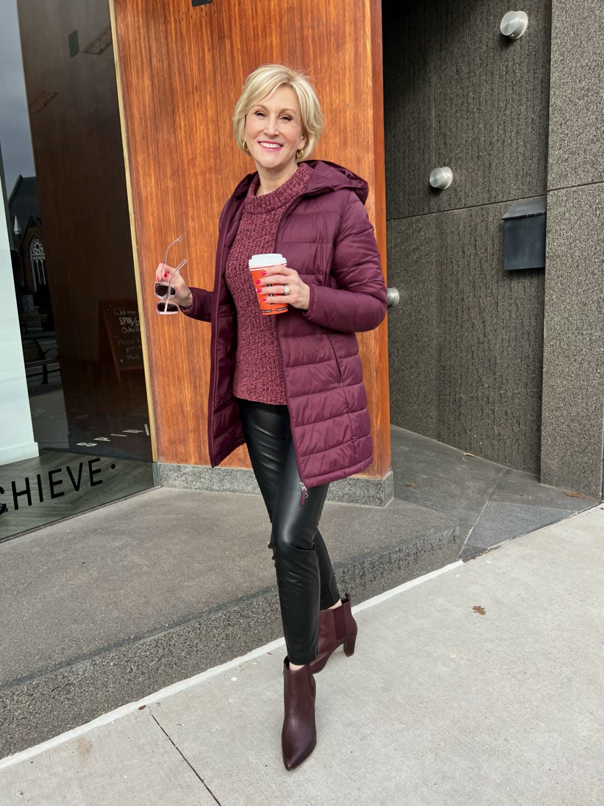 Monochromatic Burgundy Puffer Coat for a Warm Winter Concert Look — Winter Concert Outfits