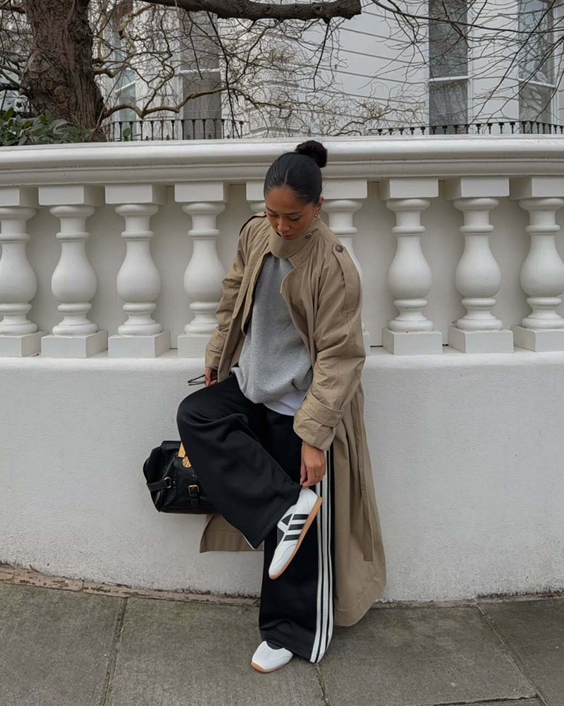 Sporty Sophistication: Track Pants and Trench Coat with Sneakers Sporty Sophistication: Track Pants and Trench Coat with Sneakers — Winter Outfits with Sneakers