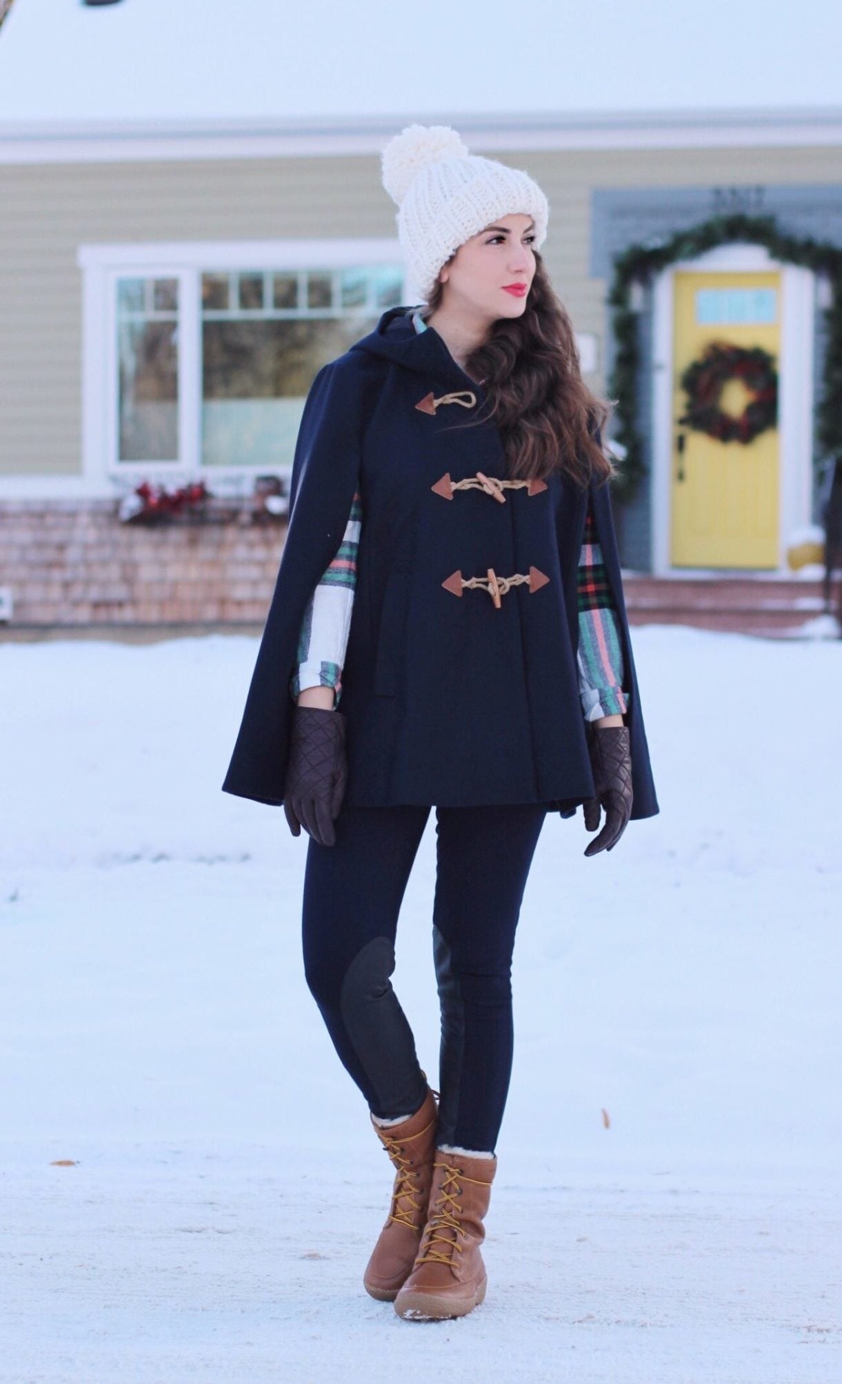 Plaid Shirt and Cape Coat with Tan Snow Boots Plaid Shirt and Cape Coat with Tan Snow Boots — Snow Boots Outfits