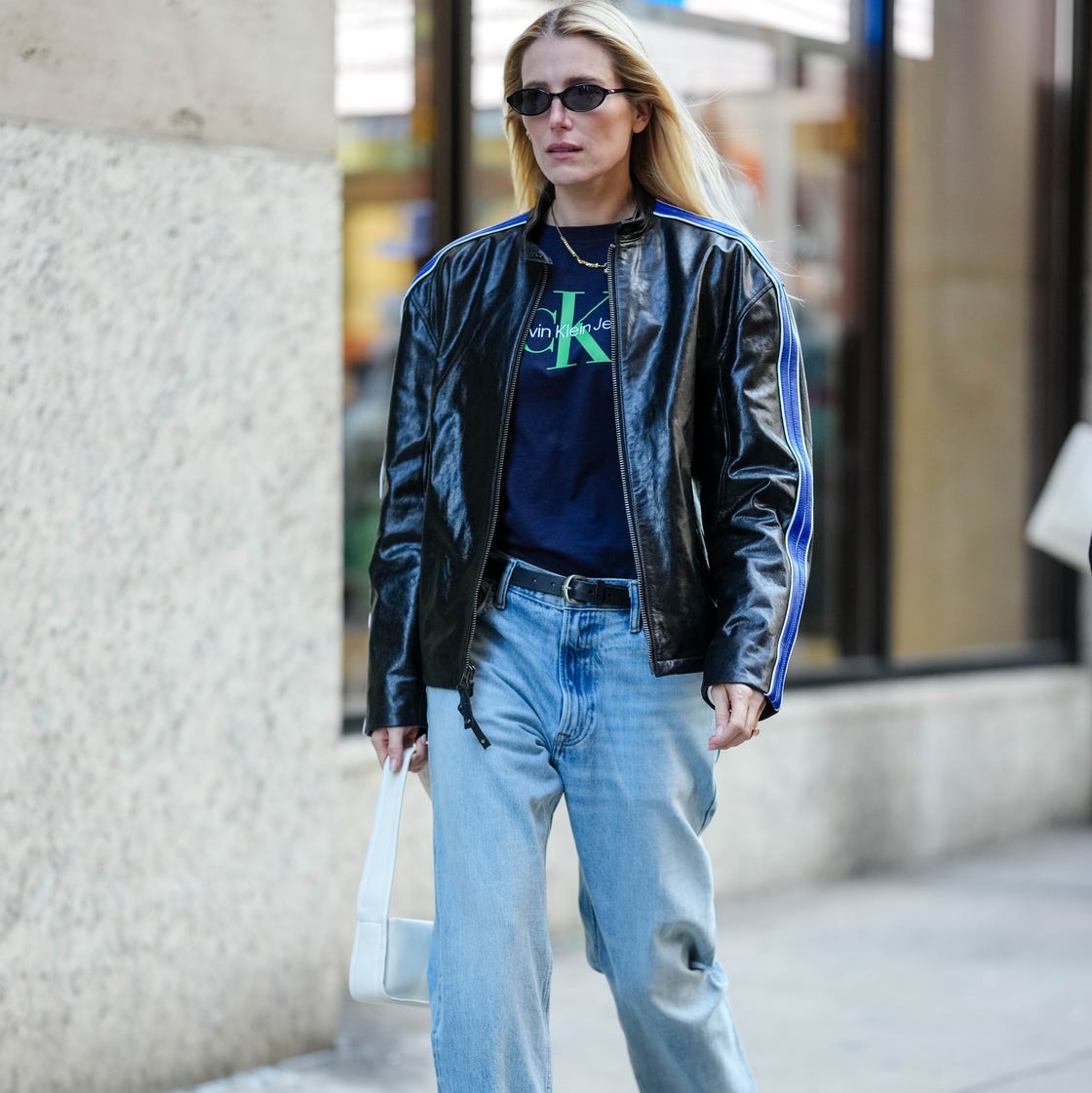 Straight-Leg Jeans with Faux Leather Jacket and Logo Tee — Winter Outfits with Jeans