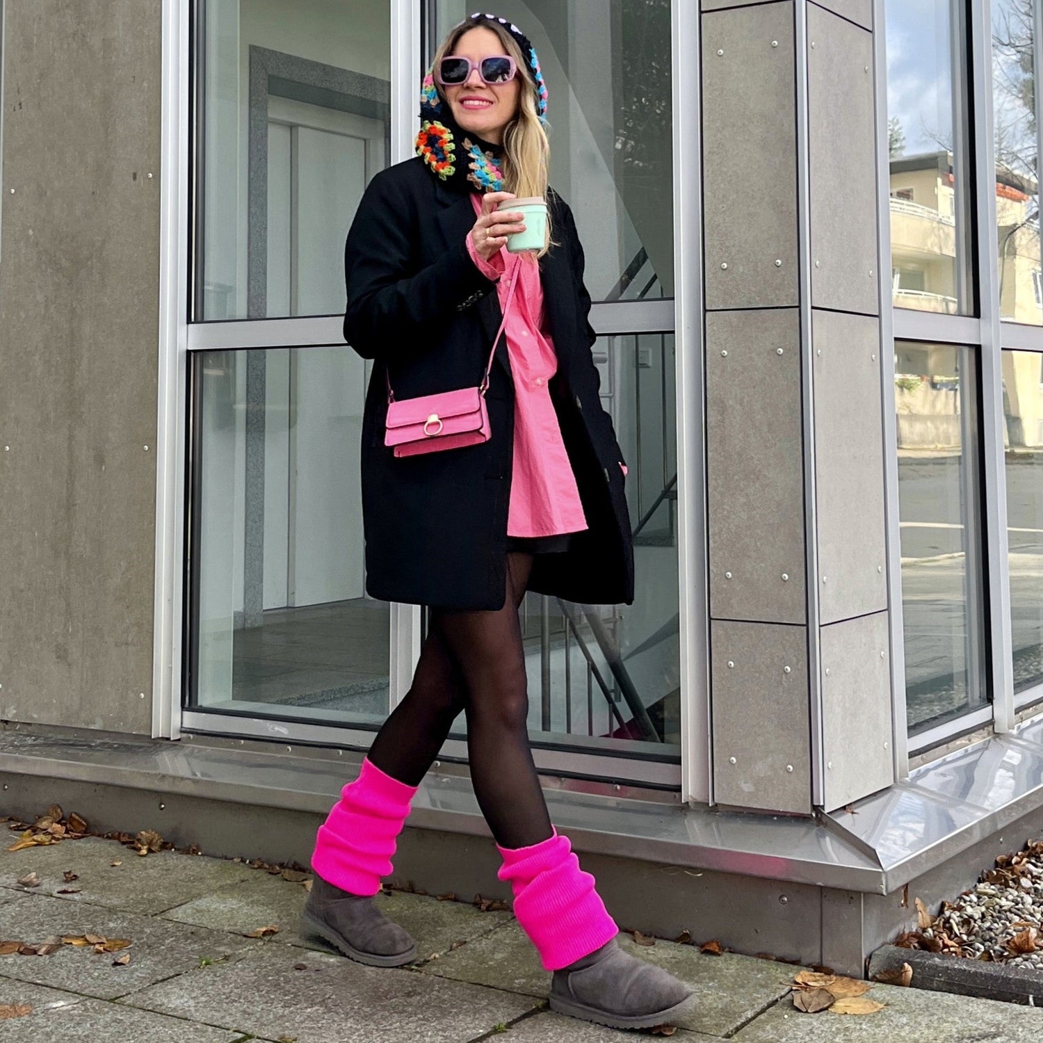 Winter Warmth: Bright Pink Leg Warmers Under a Black Coat — Leg Warmers Outfits