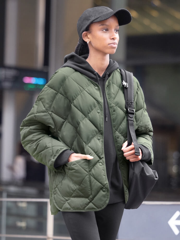 Olive Green Quilted Jacket with Black Hoodie and Leggings — Parka Outfits