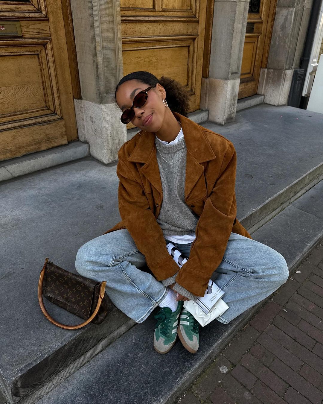 Earthy Tones: Suede Jacket and Knit with Wide-Leg Jeans and Sneakers Earthy Tones: Suede Jacket and Knit with Wide-Leg Jeans and Sneakers — Winter Outfits with Sneakers
