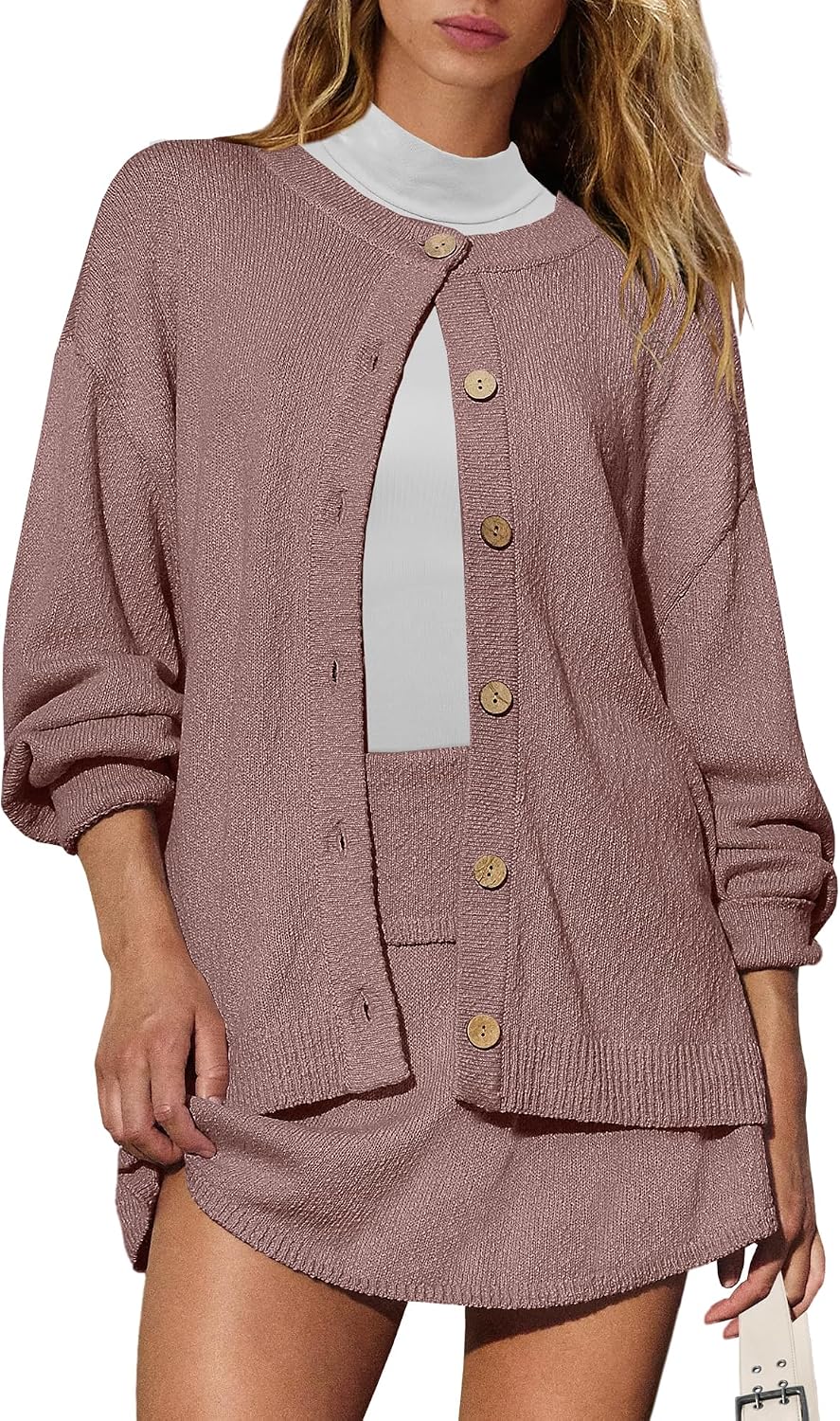 Textured Pink Knit Cardigan and Mini Skirt — Knit Set Outfits