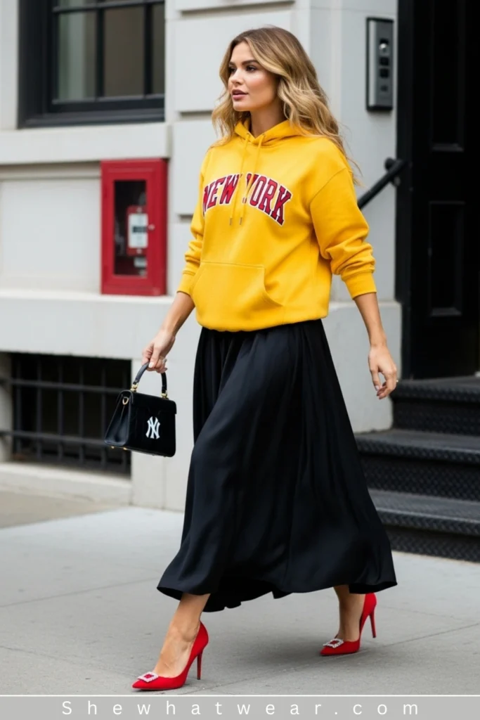 Graphic Hoodie with Flowing Skirt and Heels Graphic Hoodie with Flowing Skirt and Heels — Hoodie Outfits