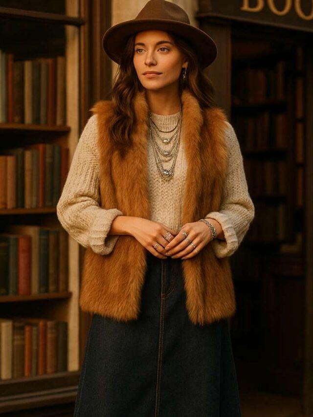 Denim Skirt and Faux Fur Vest: A Textural Boho Mix — Boho Winter Outfits
