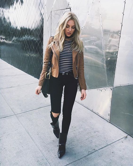 Moto Jacket Cool: Suede with Ripped Denim and Pointed Boots — Baddie Winter Outfits