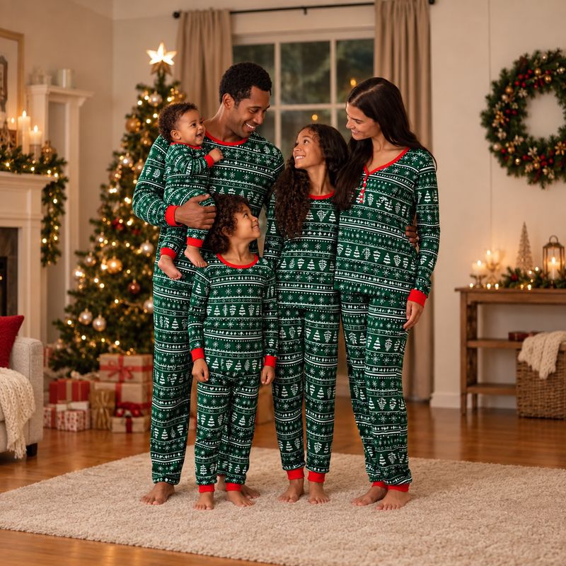 Festive Snowflake Print Pajamas for a Unified Family Look Festive Snowflake Print Pajamas for a Unified Family Look — Winter Family Photo Outfits