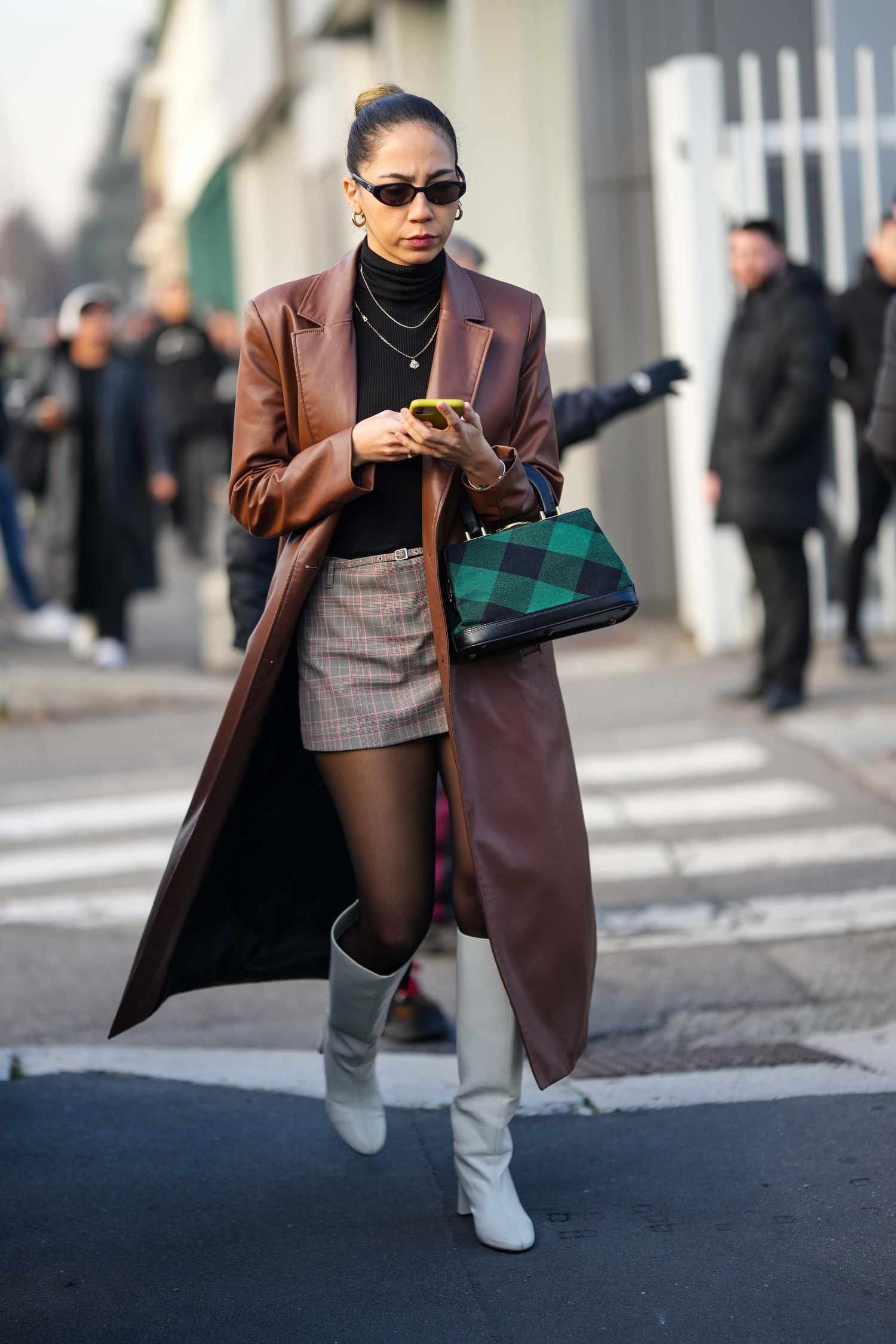 Leather Plaid Wool Knit Outfit Idea — Neutral Winter Outfits
