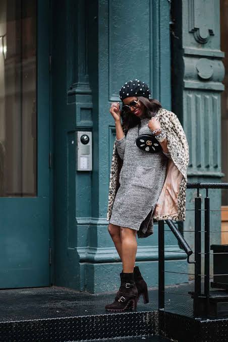 Grey Knit Sweater Dress with Leopard Print Coat Grey Knit Sweater Dress with Leopard Print Coat — Sweater Dress Outfits