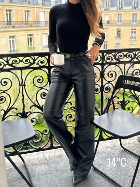 Cozy Chic: Wide-Leg Leather Pants with Cable-Knit Sweater Cozy Chic: Wide-Leg Leather Pants with Cable-Knit Sweater — Leather Pants Outfits
