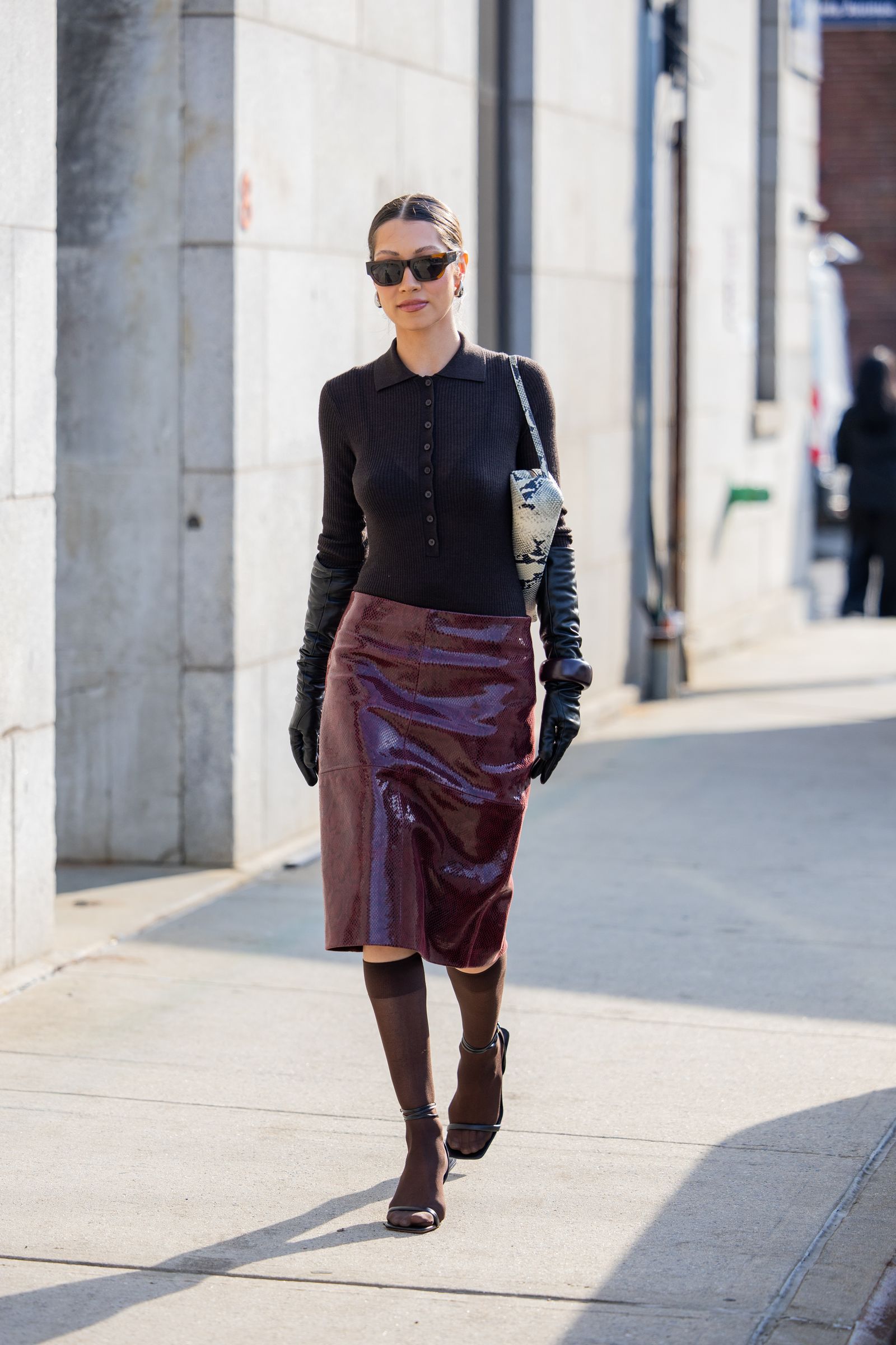 Burgundy Patent Leather Pencil Skirt with Ribbed Polo and Ankle Boots Burgundy Patent Leather Pencil Skirt with Ribbed Polo and Ankle Boots — Leather Skirt Outfits