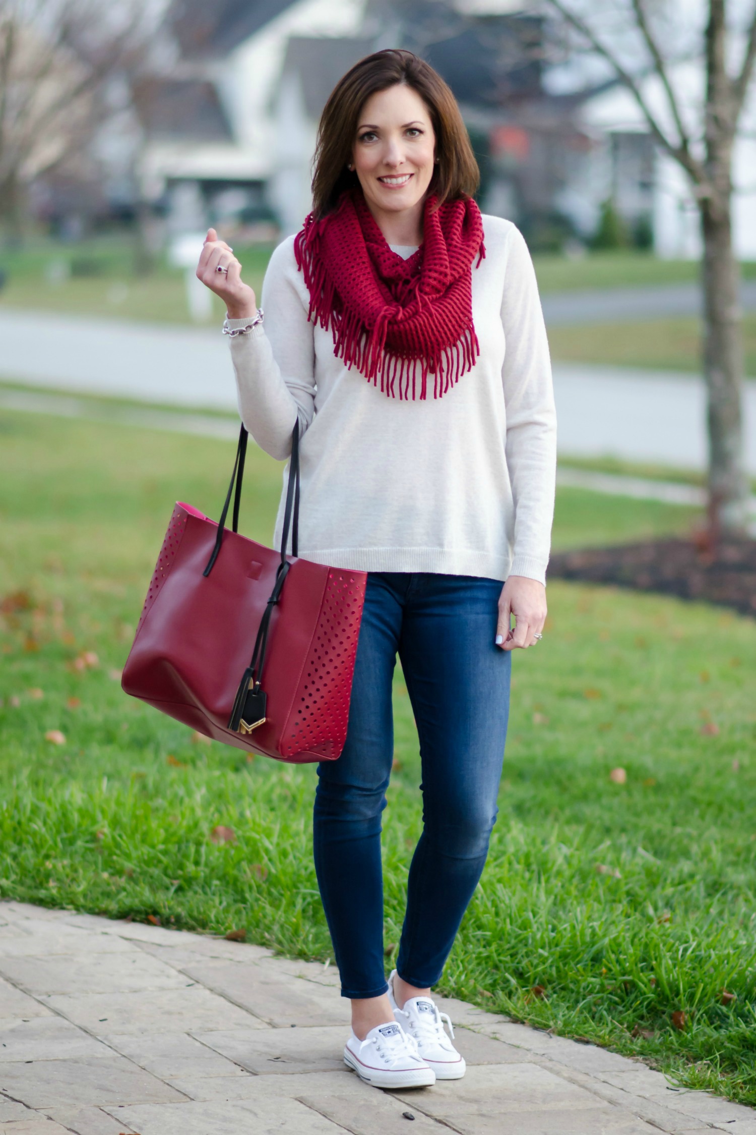 Red Fringed Infinity Scarf Adds a Vibrant Pop to Casual Basics — Scarf Outfits